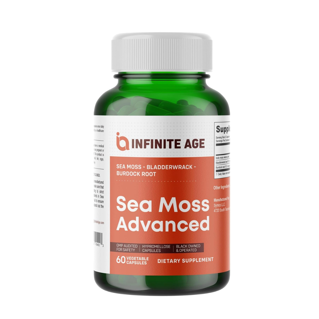 INFINITE AGE: 1250mg Sea Moss Advanced Superfood 1250 mg Irish Seamoss, Bladderwrack, Burdock Root 60 count