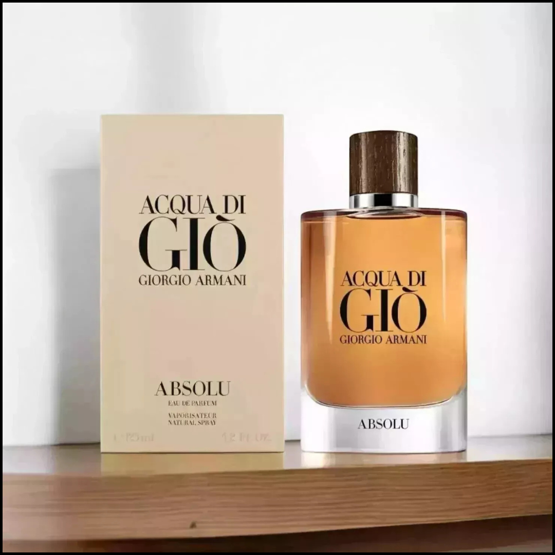A bottle of Acqua Di Gio Absolu Eau de Parfum Spray by Giorgio Armani with a wooden cap and a clear, amber-colored liquid visible inside the bottle.