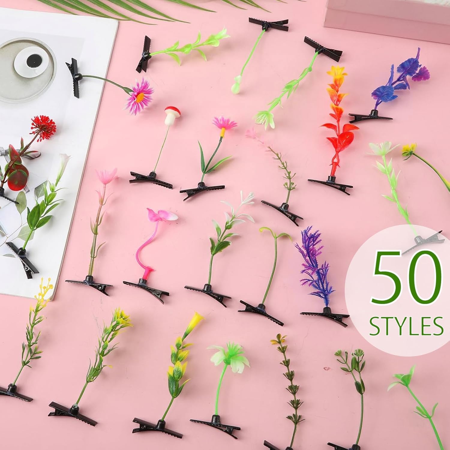 50 Pcs Bean Sprout Hair Clips, Kurilai Funny Plant Hair Clip Mixed Style Hairpins Flower Hair Clip, Cute Little Grass Barrette Mushroom Butterfly Headwear Hair Accessories for Home Party Rave Festival