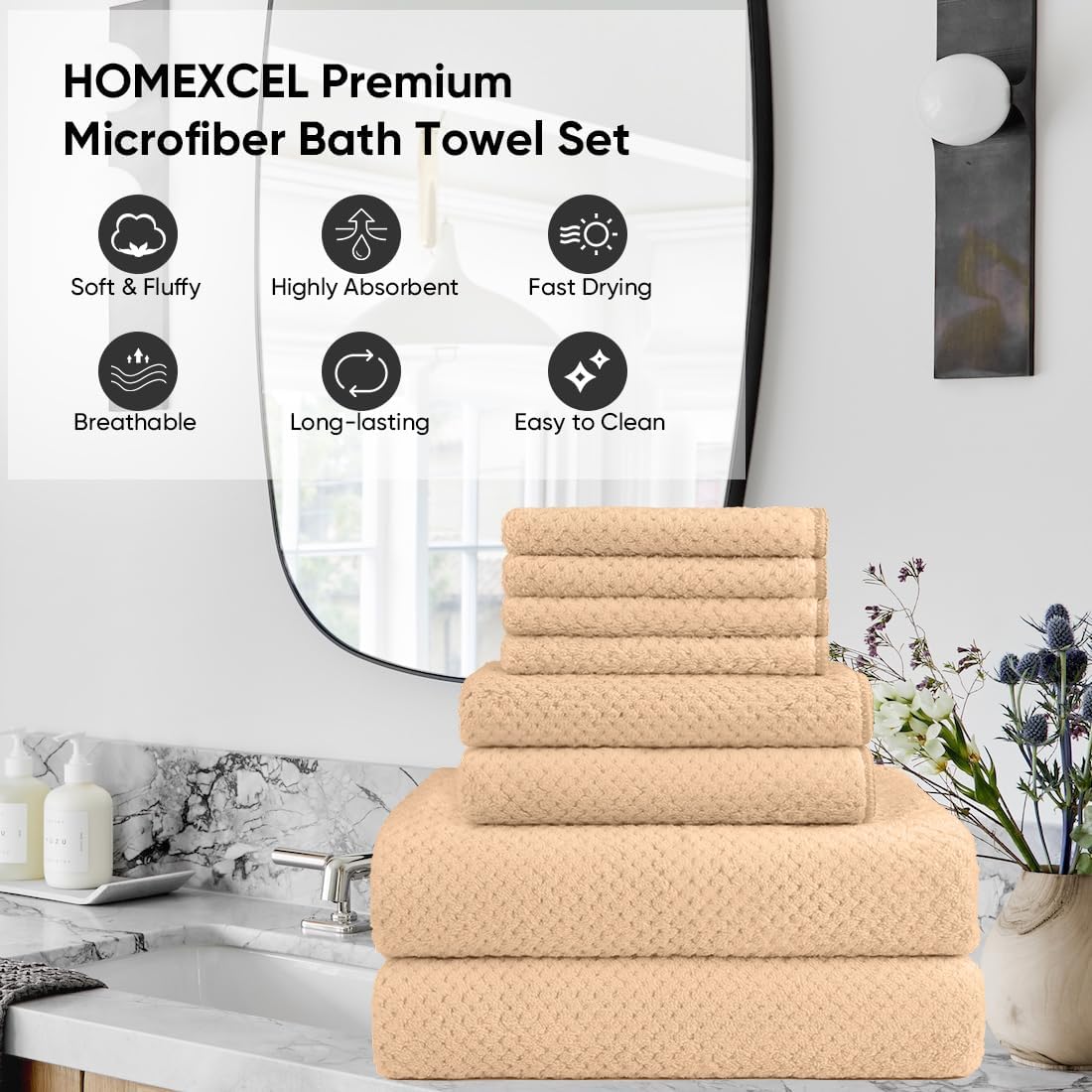 HOMEXCEL 6 Piece Premium Towels Set, 2 Bath Towels, 2 Hand Towels, and 2 Wash Cloths