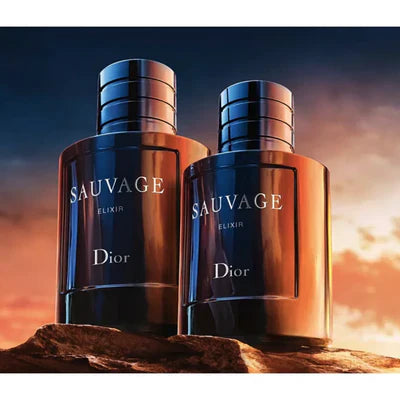 Two Dior Sauvage perfume bottles against a dramatic sky background