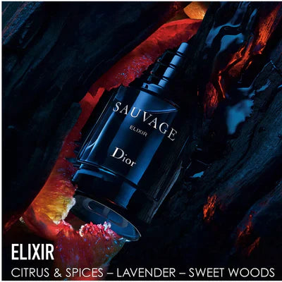 Dior Sauvage Elixir perfume bottle on a dark background with fiery elements