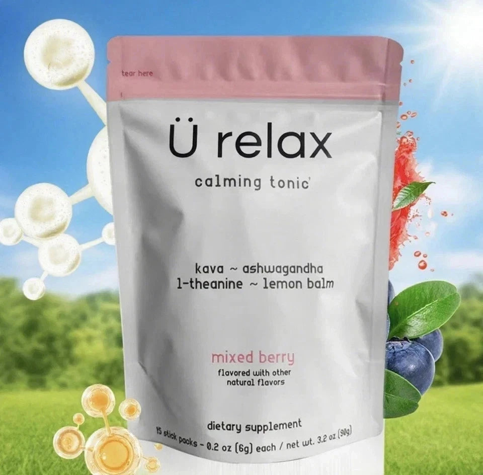 Package of 'Ü relax calming tonic' with natural elements and a blue sky background