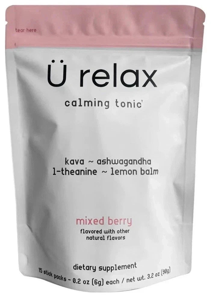 Package of Ü relax calming tonic with pink top and white body.