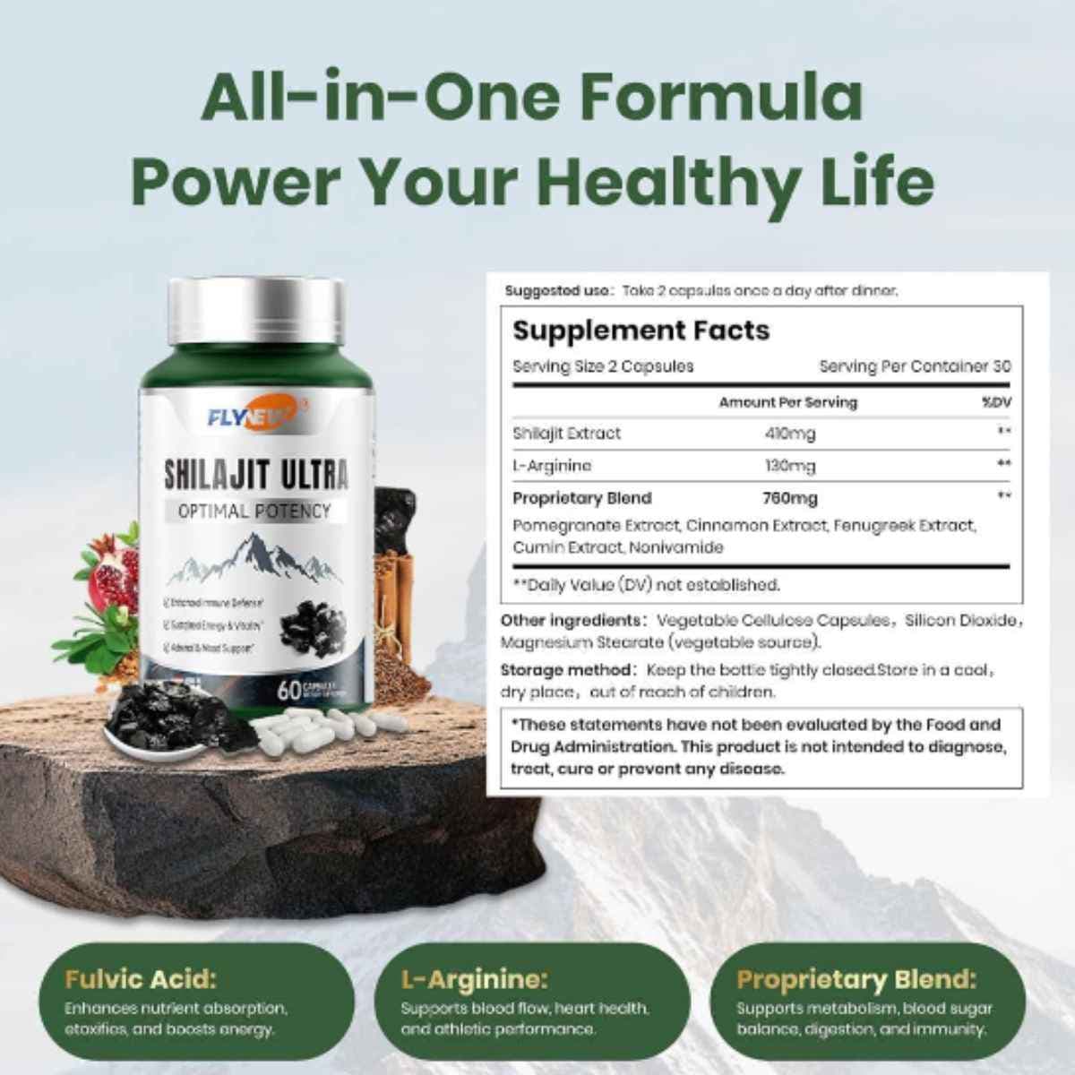 Flynew Shilajit Ultra - Shilajit with Naturally Fulvic Acid & L-Arginine, Himalayan Shilajits for Extra Power, Stamina & Immune Support, 60 cap