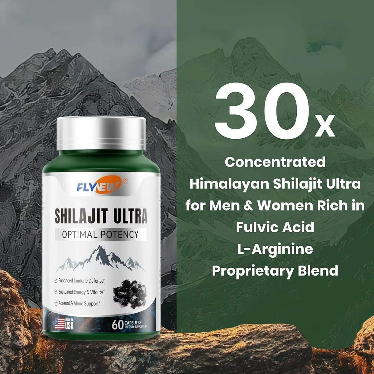 Flynew Shilajit Ultra - Shilajit with Naturally Fulvic Acid & L-Arginine, Himalayan Shilajits for Extra Power, Stamina & Immune Support, 60 cap