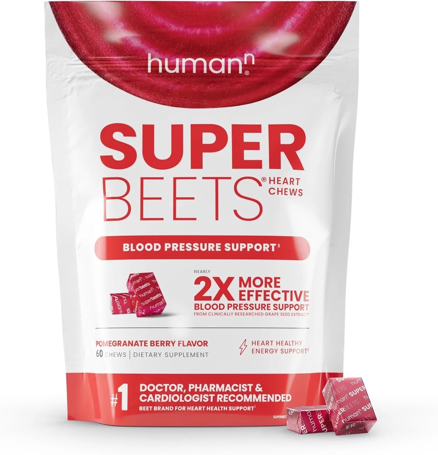 SuperBeets Heart Chews, Nitric Oxide and Blood Pressure Support, Grape Seed Extract & Non-GMO Beet Root Powder Energy Supplement, Pomegranate Berry Flavor, 60 Count