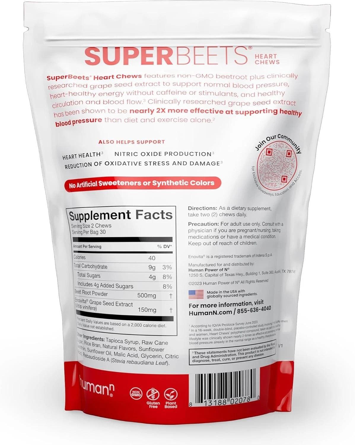 SuperBeets Heart Chews, Nitric Oxide and Blood Pressure Support, Grape Seed Extract & Non-GMO Beet Root Powder Energy Supplement, Pomegranate Berry Flavor, 60 Count