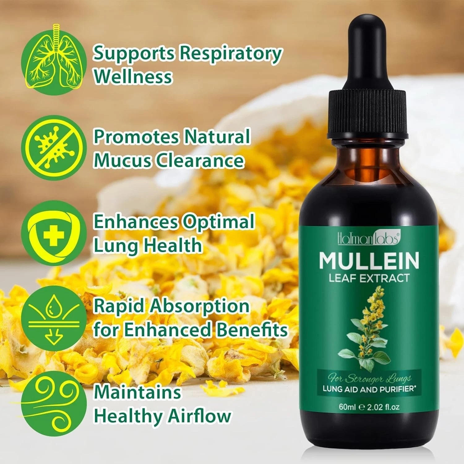 Mullein Drops for Lungs, Mullein Leaf Extract for Lungs, Natural Mullein Herbal